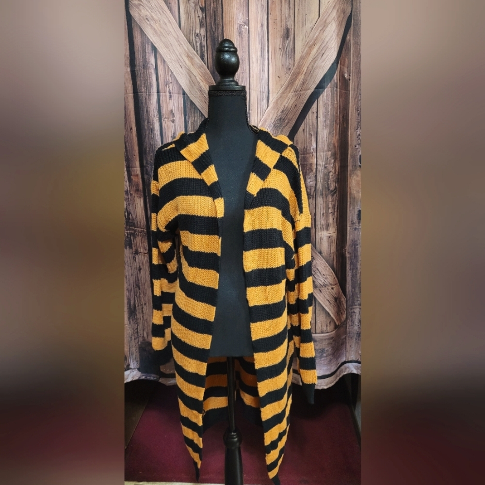 Orange/Black Striped Pattern Hooded Duster/Cardigan (Medium)